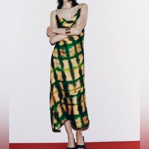 NWT ZARA Satin Effect Print Green Gold Asymmetrical Midi Dress